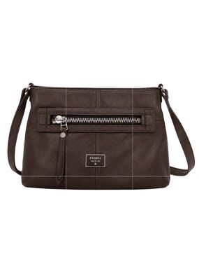 Fossil Brown Leather Crossbody Bag With Front Zip Pocket & Adjustable Strap